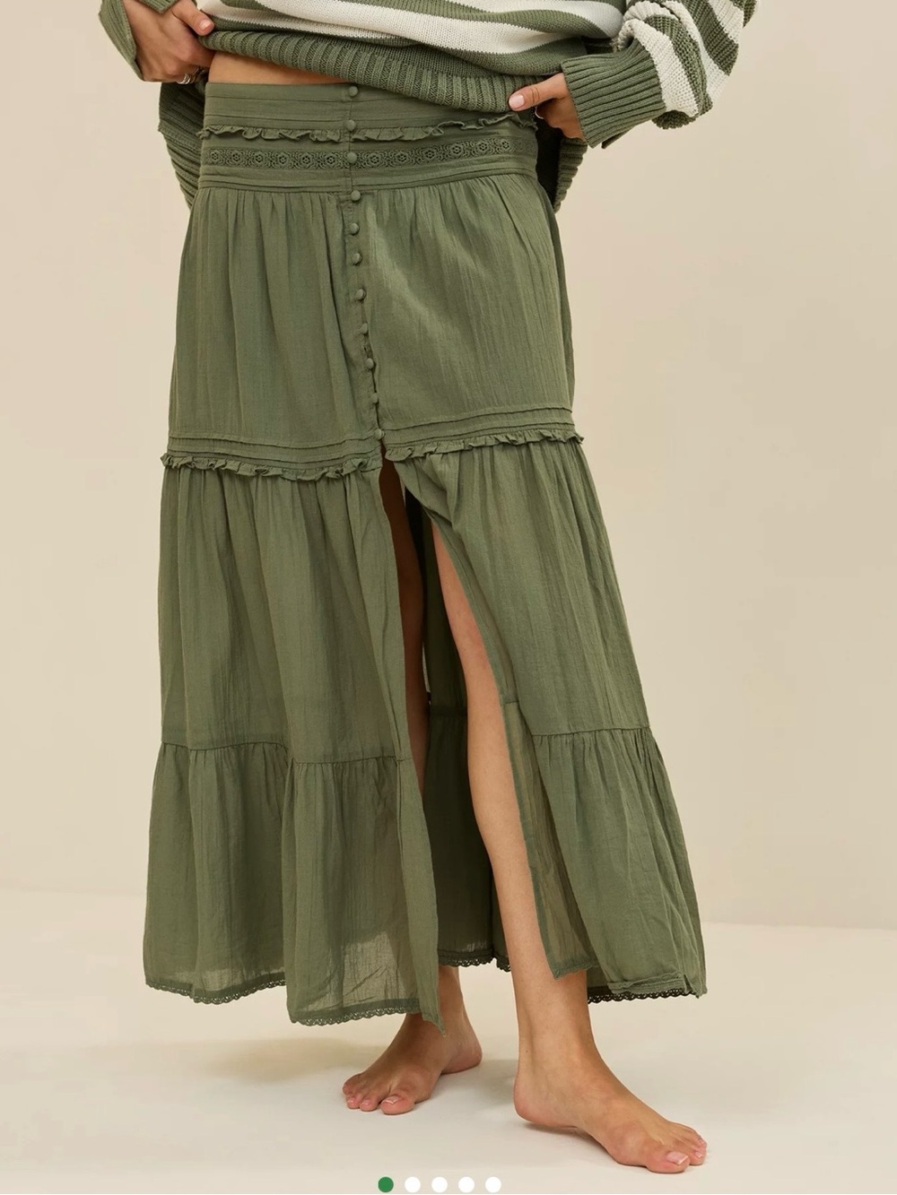 aerie Olive Green Tiered Maxi Skirt with Front Buttons